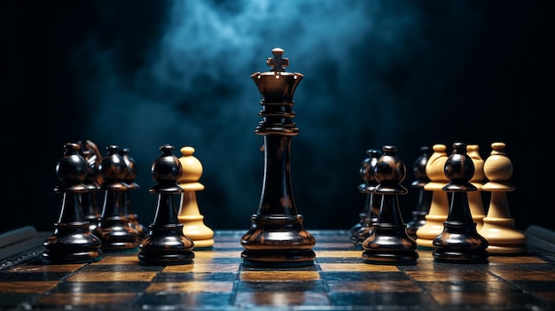 jogo de xadrez com peças e tabuleiro de xadrez em close de fundo escuro