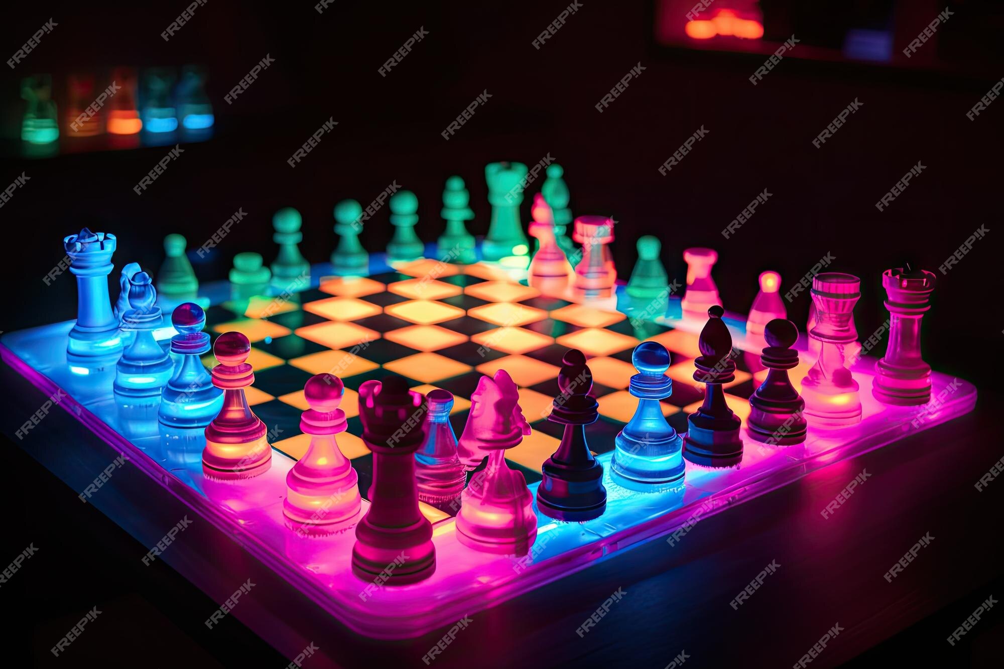 Xadrez neon em movimento com peças se movendo e fazendo seus movimentos  criados com ia generativa