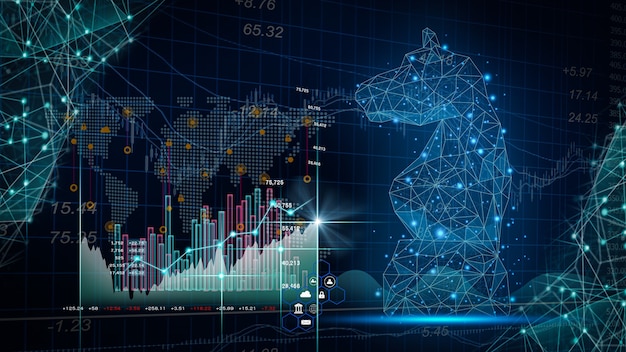 Jogo de xadrez no tabuleiro de xadrez atrás dos indicadores do gráfico forex ou gráfico do mercado de ações em abstrato