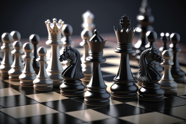Jogo de xadrez Peças de xadrez em um tabuleiro Darck background AI Generation