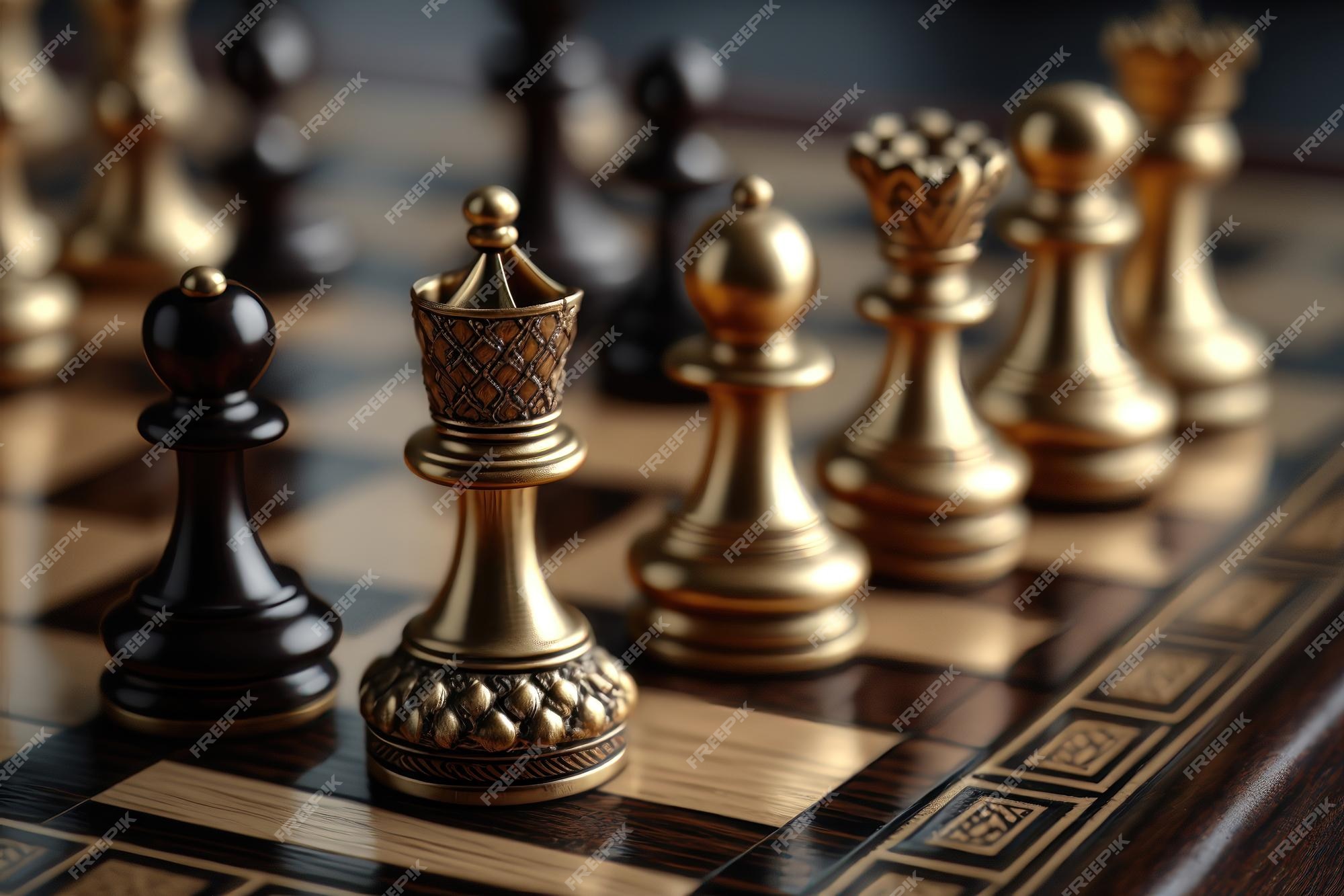 Tabuleiro de xadrez dourado com peças primorosamente desenhadas em suas  posições iniciais generative ai