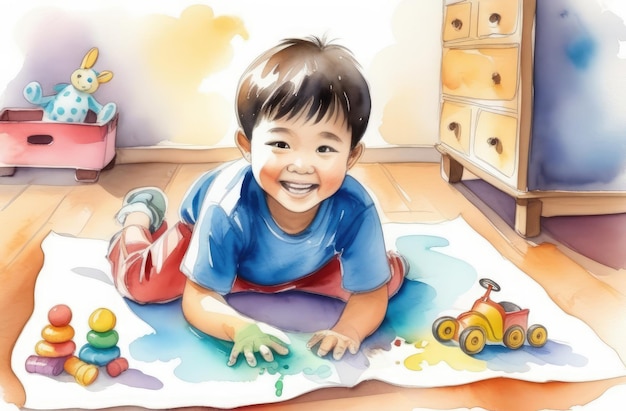 Foto jogo infantil menino asiático desenhando em álbum no chão e brincando com brinquedos ilustração de aquarela