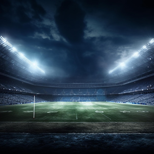 Jogo noturno radiante Campo de futebol brilhante com poderosa iluminação de holofotes