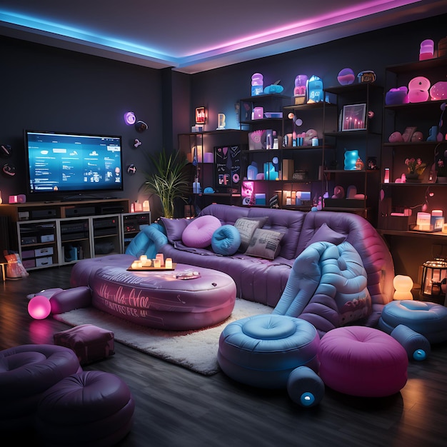 Foto jogo sala de festa unisex com luzes de cordas e mudança de humor tendência de fundo decorativa da sala