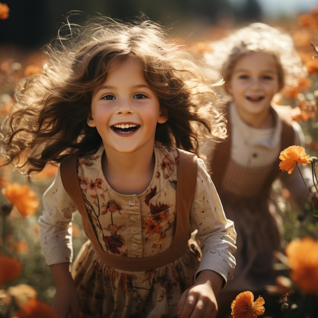 Jogos alegres Crianças correndo e brincando em um campo de flores coloridas IA geradora