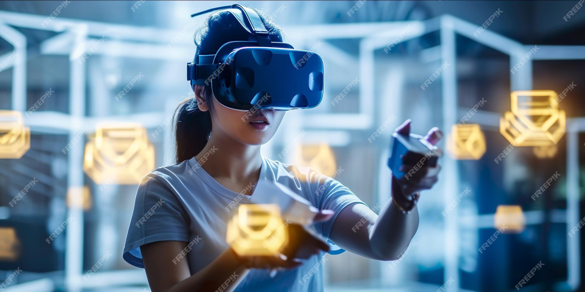 Mulher usando fone de ouvido de realidade virtual vr gadgets educação  on-line ou conceito de jogo generative ai