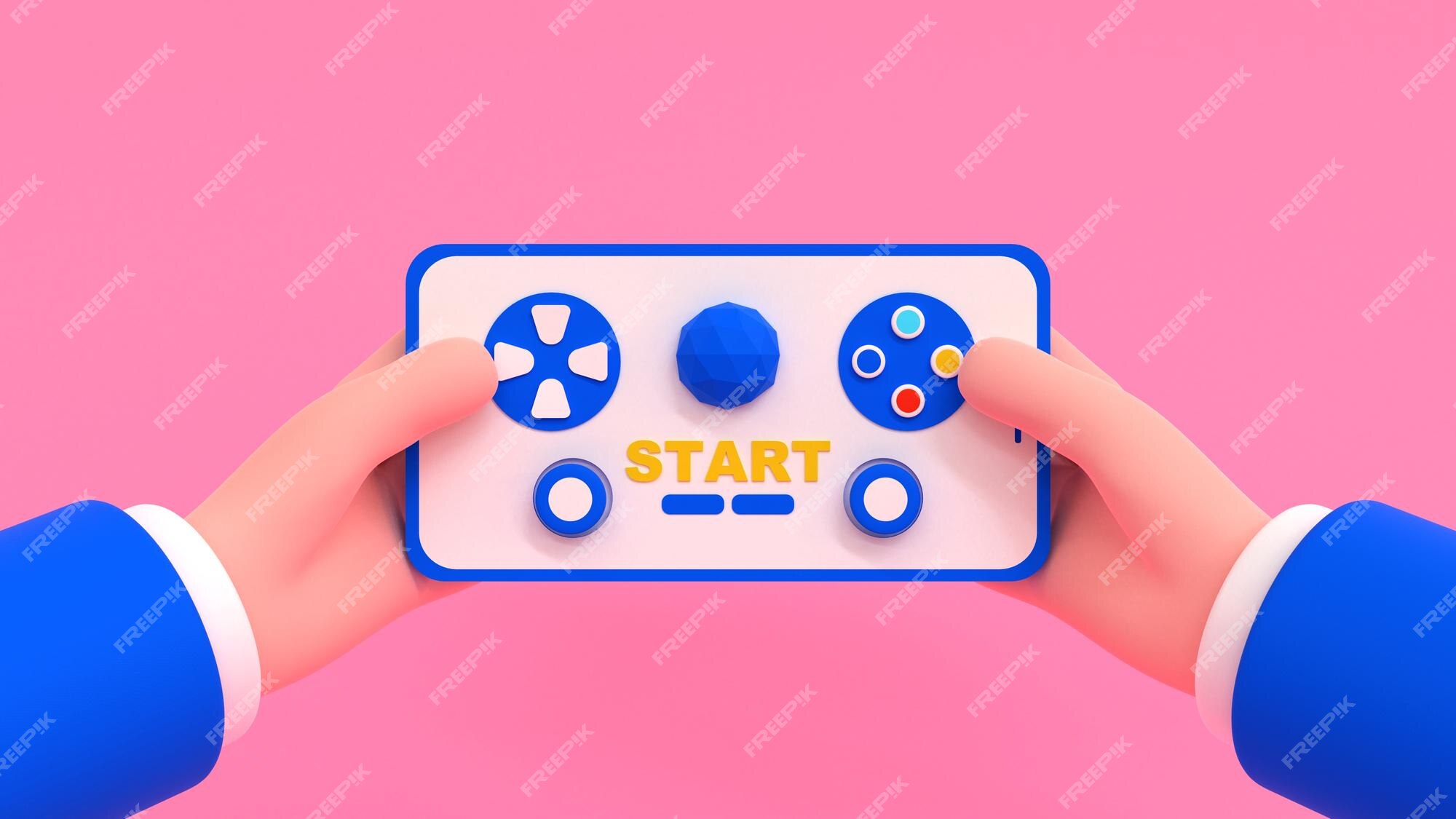 Jogos para celular. mãos humanas de desenho animado segurando smartphone  com controladores de gamepad 3d render ilustração