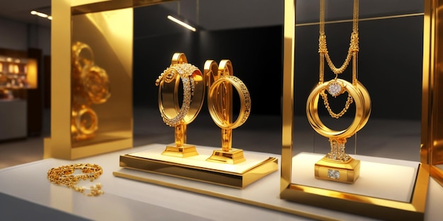 joias anéis de ouro e colares mostram na vitrine de uma loja de varejo de luxo