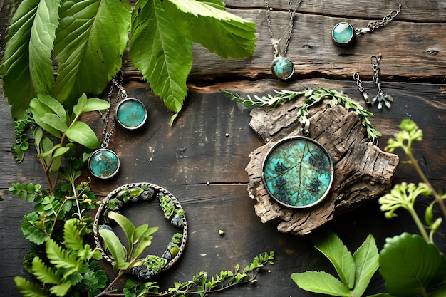 jóias de estilo boêmio dispostas em uma superfície de madeira escura complementada por folhagem verde vibrante e