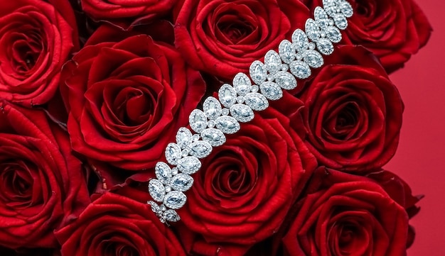 Joias de pedras preciosas para casamento, moda e conceito de compras de luxo, pulseira de diamante de luxo e buquê de joias de rosas vermelhas presente de amor no dia dos namorados e feriados românticos