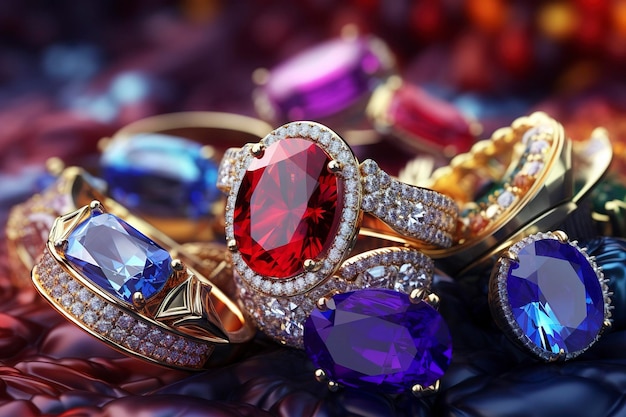 Joias de vitrine com várias pedras preciosas em cores vibrantes