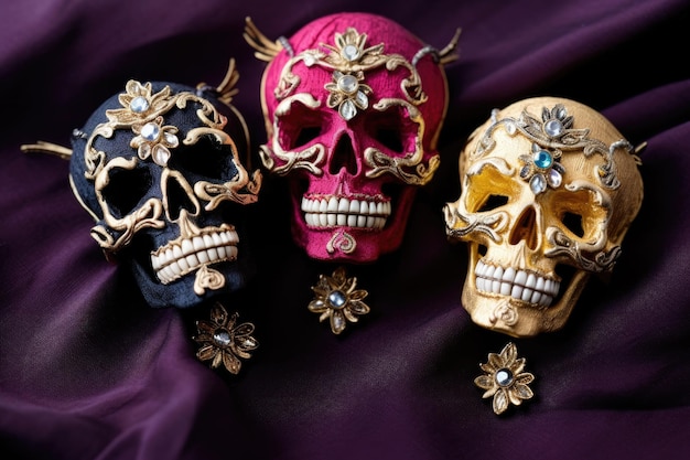 Foto joias em forma de crânio, como broches ou pingentes em pano de veludo