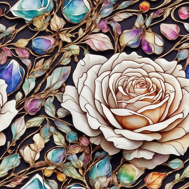 Foto joias rosas de cristal flores pintura padrão sem costura obras de arte coloridas fundo ai gerado