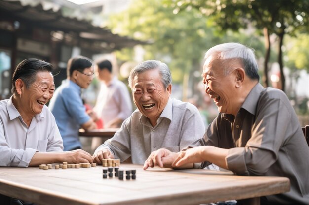 Joiosos caballeros de edad avanzada involucrados en una batalla de ajedrez chino capturando el momento en 32 proporciones de aspecto
