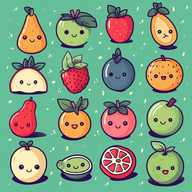 Foto joiosos personajes de frutas de la cosecha y felices niños de frutas en dibujos vibrantes