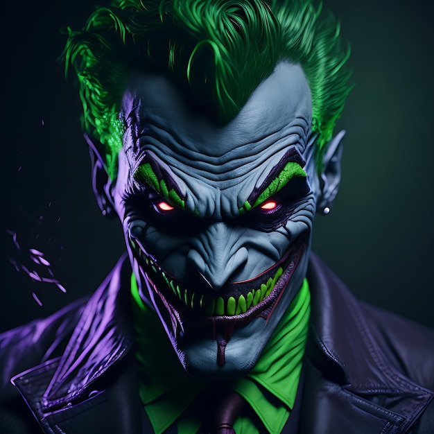 Foto el joker oscuro con ojos verdes y malvados.