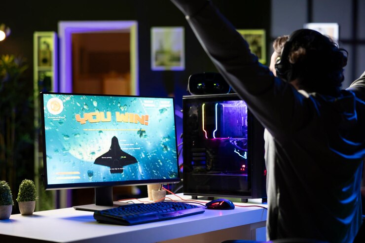 Foto jolly gamer celebrando después de destruir todas las naves espaciales enemigas