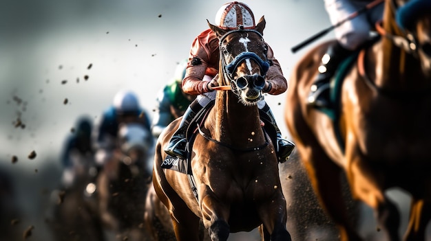 Jóqueis e cavalos de corrida lutando na pista IA generativa