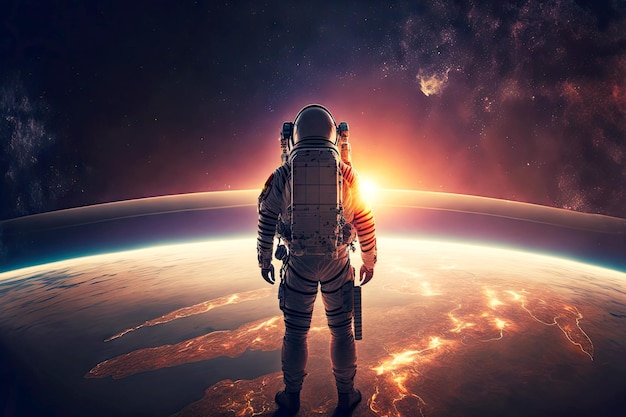 Jornada futurista pelo espaço astronauta flutuante sobre o planeta