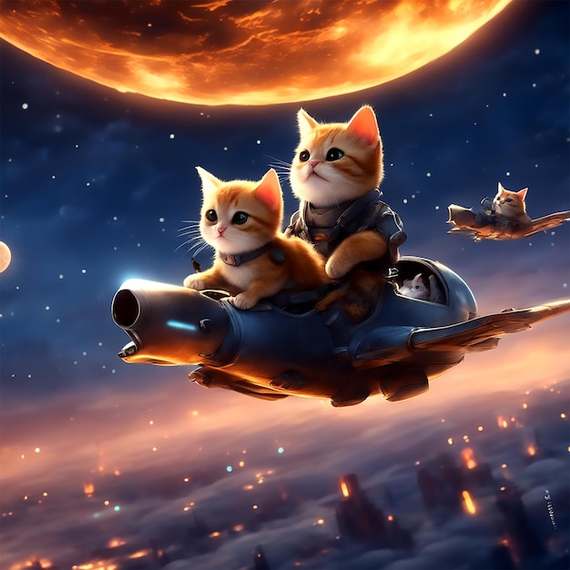 Jornada noturna caprichosa Gatos adoráveis e esquilos voadores voam em meio ao céu iluminado pela lua