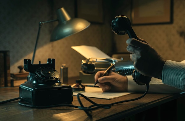 Jornalista de cinema noir trabalhando em uma mesa de escritório no escritório ele está segurando o receptor do telefone e escrevendo notas