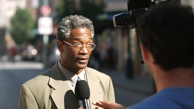 Jornalista homem afro-americano de meia-idade entrevistando uma fonte em campo na rua da cidade Generative AI AIG22