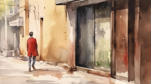 Joseph andando na calçada Aquarela