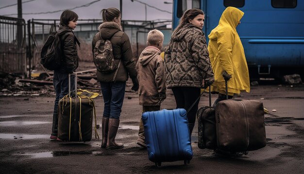 Journalistisches Foto von zwei ukrainischen Flüchtlingsfrauen und Kindern, die Gepäck tragen und in der Schlange warten, um