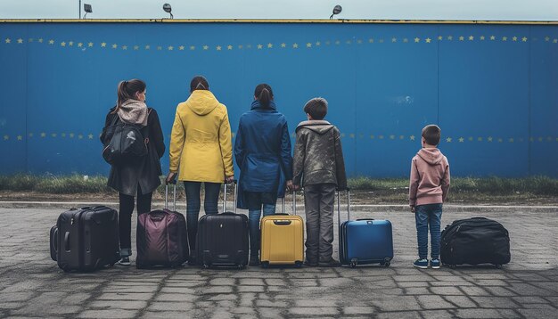 Foto journalistisches foto von zwei ukrainischen flüchtlingsfrauen und kindern, die gepäck tragen und in der schlange warten, um