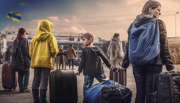 Foto journalistisches foto von zwei ukrainischen flüchtlingsfrauen und kindern, die gepäck tragen und in der schlange warten, um