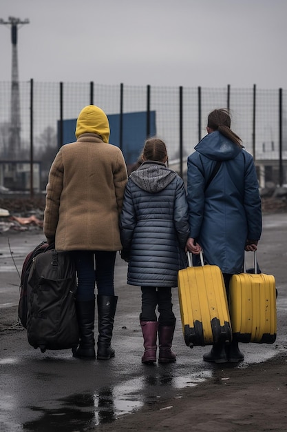Foto journalistisches foto von zwei ukrainischen flüchtlingsfrauen und kindern, die gepäck tragen und in der schlange warten, um
