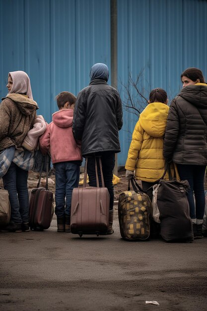 Journalistisches Foto von zwei ukrainischen Flüchtlingsfrauen und Kindern, die Gepäck tragen und in der Schlange warten, um