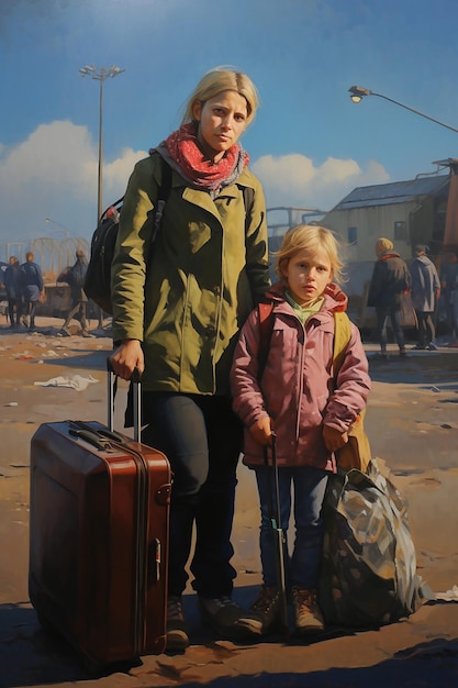 Journalistisches Foto von zwei ukrainischen Flüchtlingsfrauen und Kindern, die Gepäck tragen