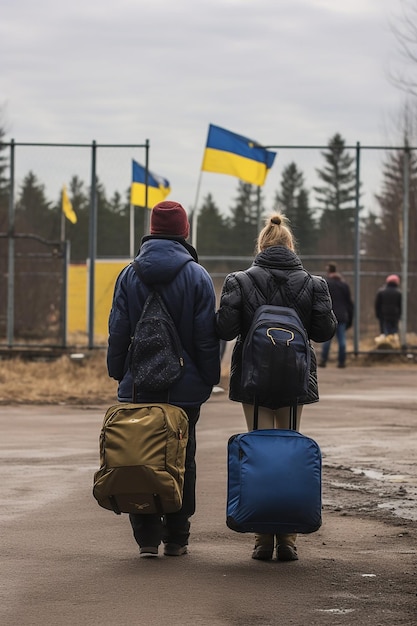 Journalistisches Foto von zwei ukrainischen Flüchtlingsfrauen und Kindern, die Gepäck tragen