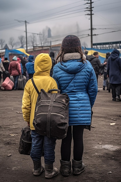 Journalistisches Foto von zwei ukrainischen Flüchtlingsfrauen und Kindern, die Gepäck tragen