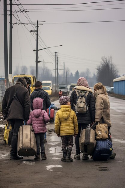 Foto journalistisches foto von zwei ukrainischen flüchtlingsfrauen und kindern, die gepäck tragen