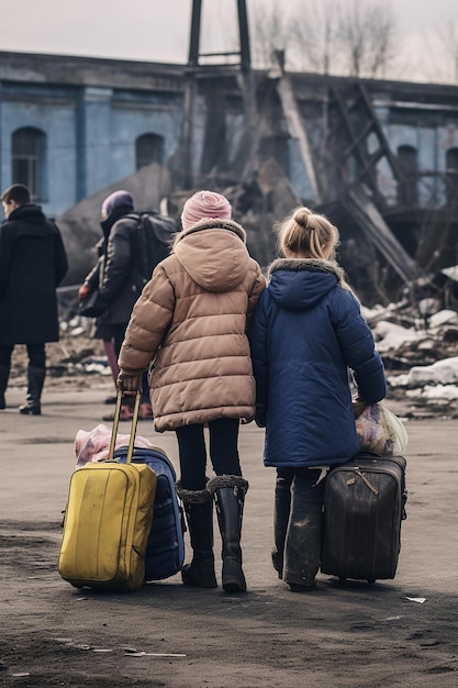 Journalistisches Foto von zwei ukrainischen Flüchtlingsfrauen und Kindern, die Gepäck tragen