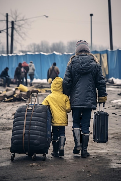 Journalistisches Foto von zwei ukrainischen Flüchtlingsfrauen und Kindern, die Gepäck tragen