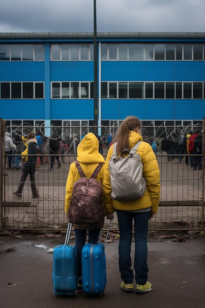 Journalistisches Foto von zwei ukrainischen Flüchtlingsfrauen und Kindern, die Gepäck tragen