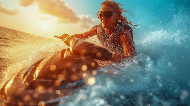 Jovem a andar de bicicleta aquática no mar num dia ensolarado