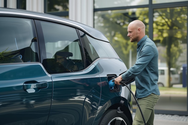 Jovem a carregar um carro elétrico