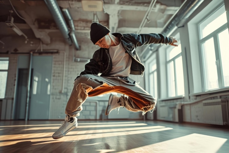 Foto jovem a dançar a dança do bboy