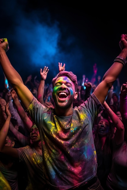 Jovem a dançar num festival de música com pinturas de holi coloridas no rosto.