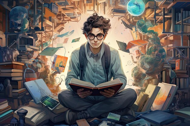 Foto jovem a ler um livro numa biblioteca de fantasia conceito de educação e conhecimento