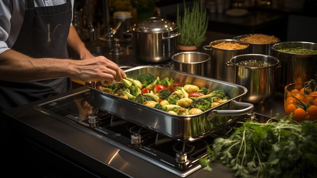 Foto jovem a preparar salada numa cozinha moderna