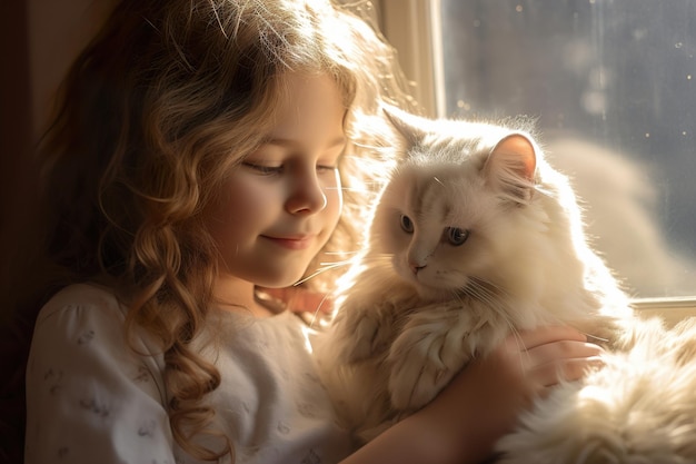 Jovem abraçando seu gato persa fofo sentado em uma janela iluminada pelo sol