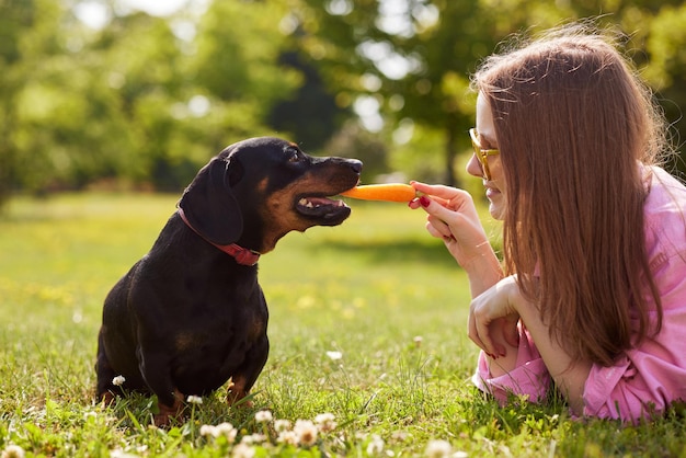 jovem abraçando um cachorro bassê no parque em um dia ensolarado o conceito de cuidados com os animais