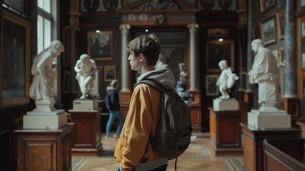 Jovem admirando estátuas no museu local