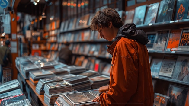 Jovem adolescente de casaco vermelho escolhe discos de vinil na loja de música