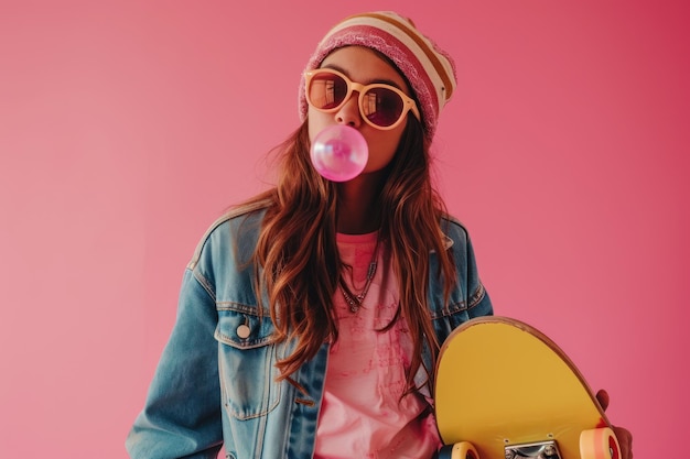 Jovem adolescente de moda com um look de skate soprando chiclete em fundo rosa